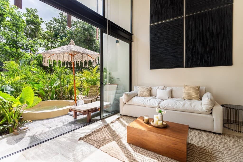 Bedroom with built-in plaster headboard