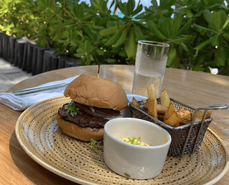 Burger and fries at Bloved Restaurant Xpu-Ha