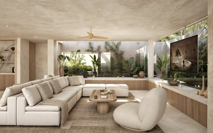 Open living room at Aflora Tulum with floor-to-ceiling glass and jungle views