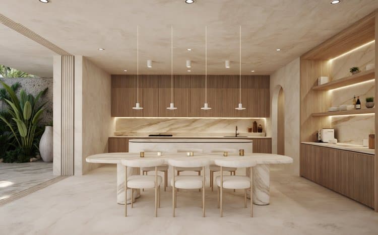 Marble kitchen and dining at Aflora Tulum