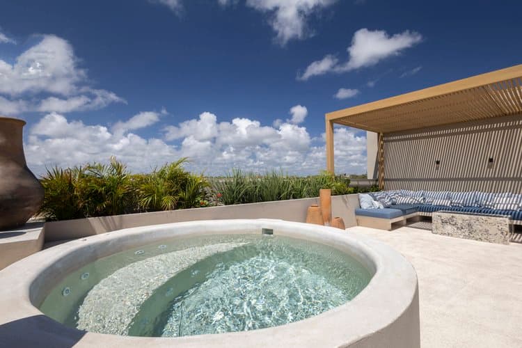 Rooftop terrace with plunge pool and lounge at Aflora Tulum