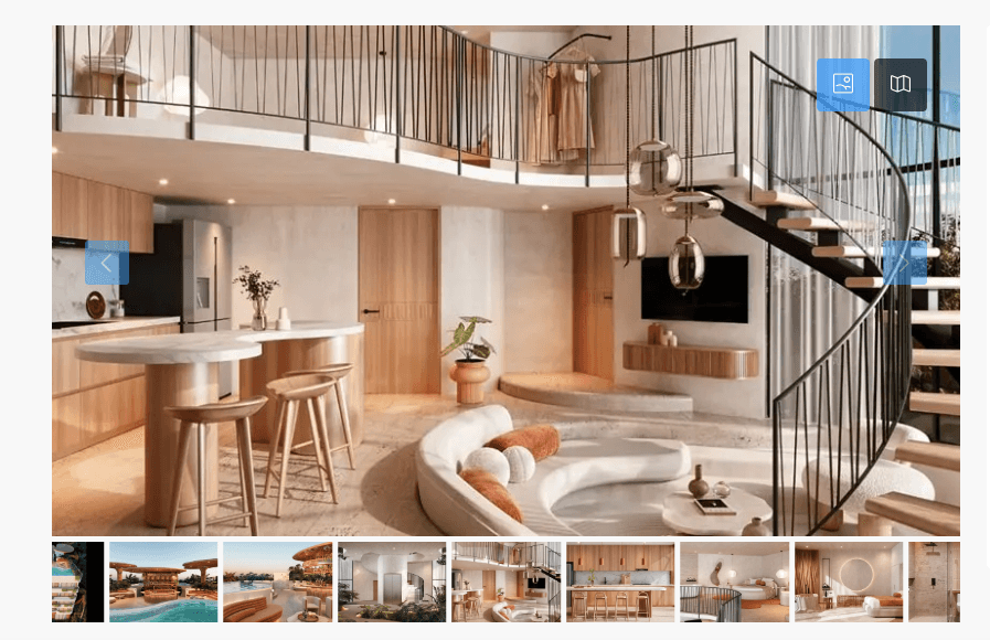 Open-plan living and kitchen of a managed long-term rental in Tulum